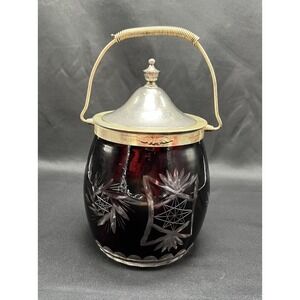 Antique Biscuit Jar Ruby Cut To Clear With Lid And Handle